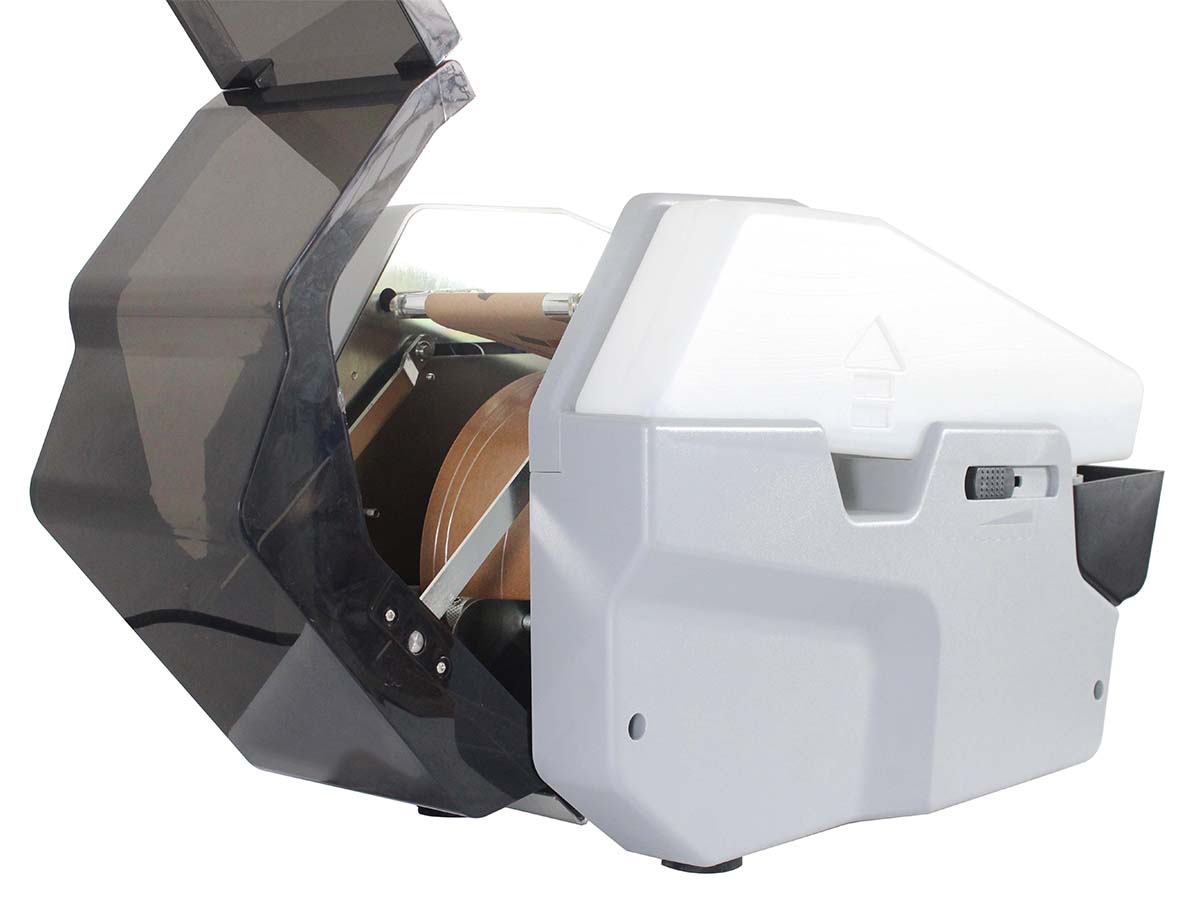 DFG-2000E com a tampa transparente aberta, mostrando o rolo de fita gomada