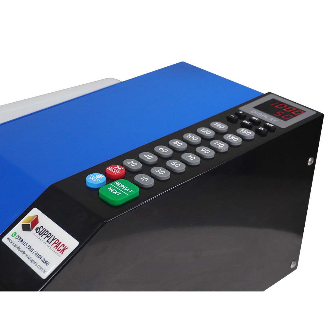 Painel do DFG-2000C com 15 botões de medidas e teclas Skip, Reset e Repeat/Next