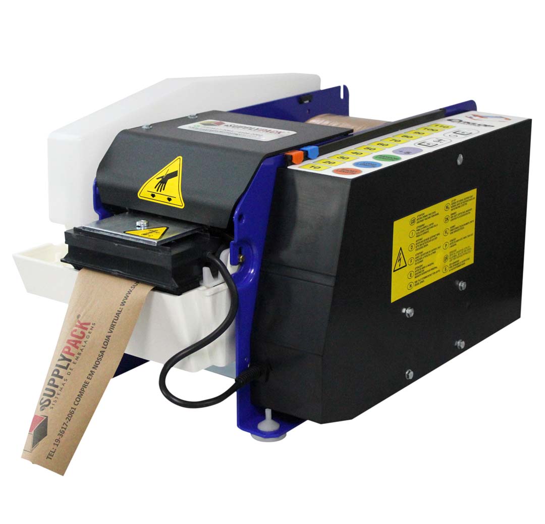 Dispensador semiautomático de fita gomada Lapomatic com fita kraft dispensada na bandeja