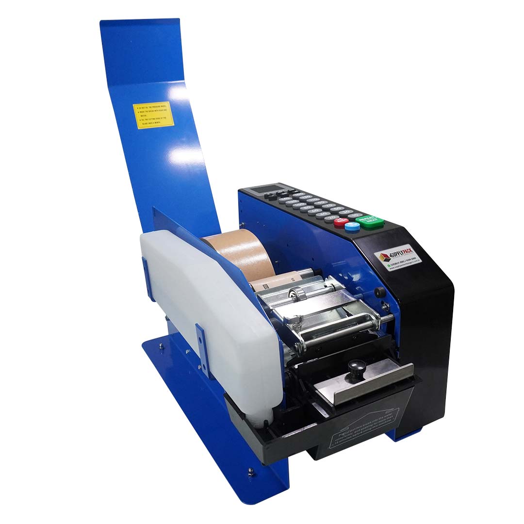 DFG-2000C aberto com rolo de fita kraft, roletes e área de corte