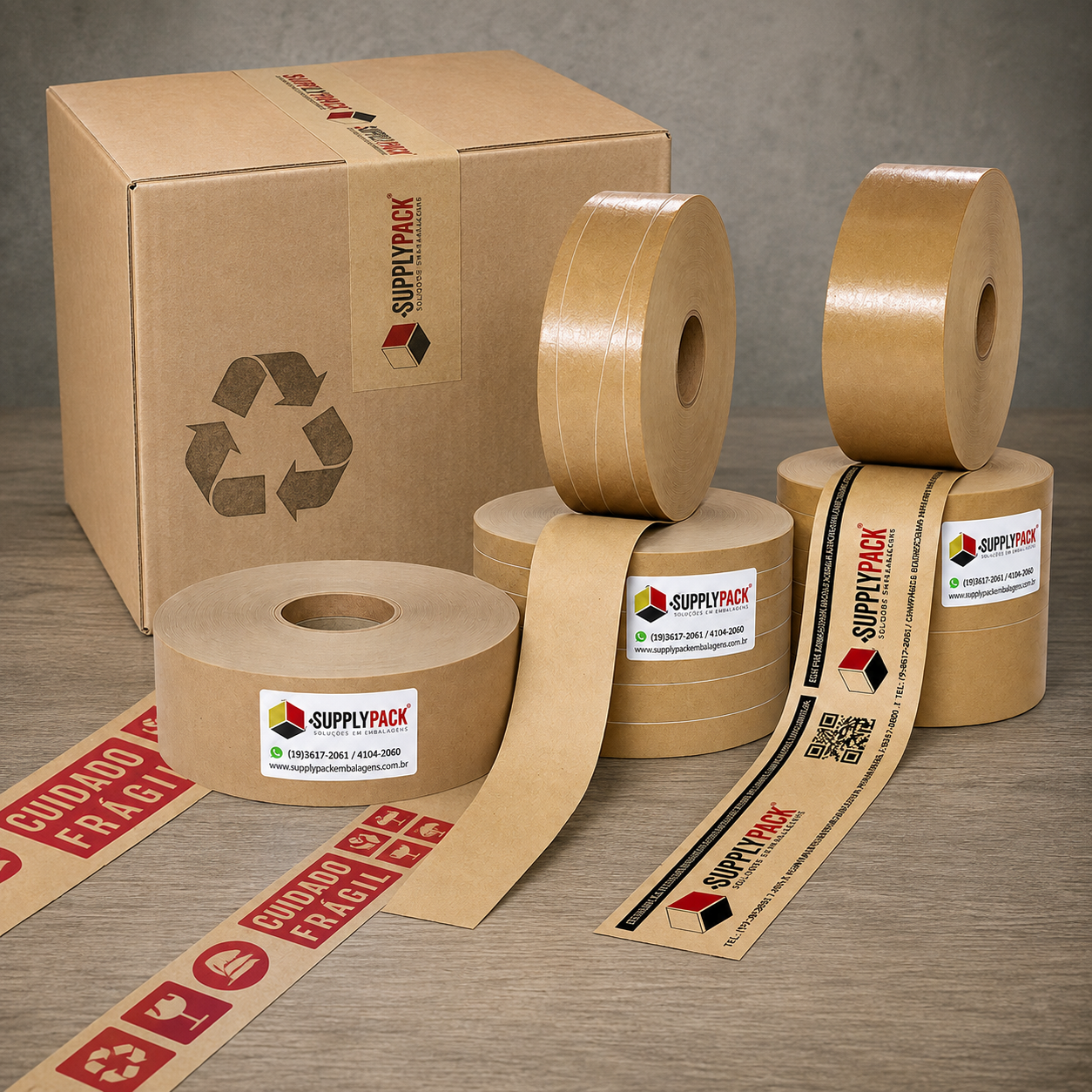 Caixa de papelão fechada com fita gomada kraft e símbolo de reciclagem